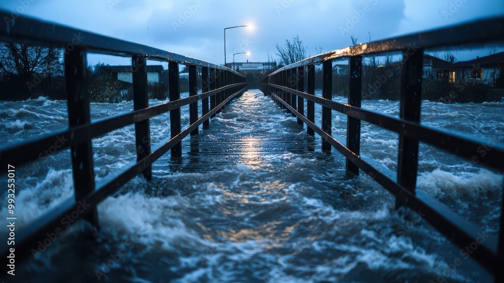 A flooded walkway at dusk, with turbulent water surrounding a bridge and streetlamp, creating a dramatic, moody atmosphere. A flooded walkway at dusk, with turbulent water surrounding a bridge and streetlamp, creating a dramatic, moody atmosphere.