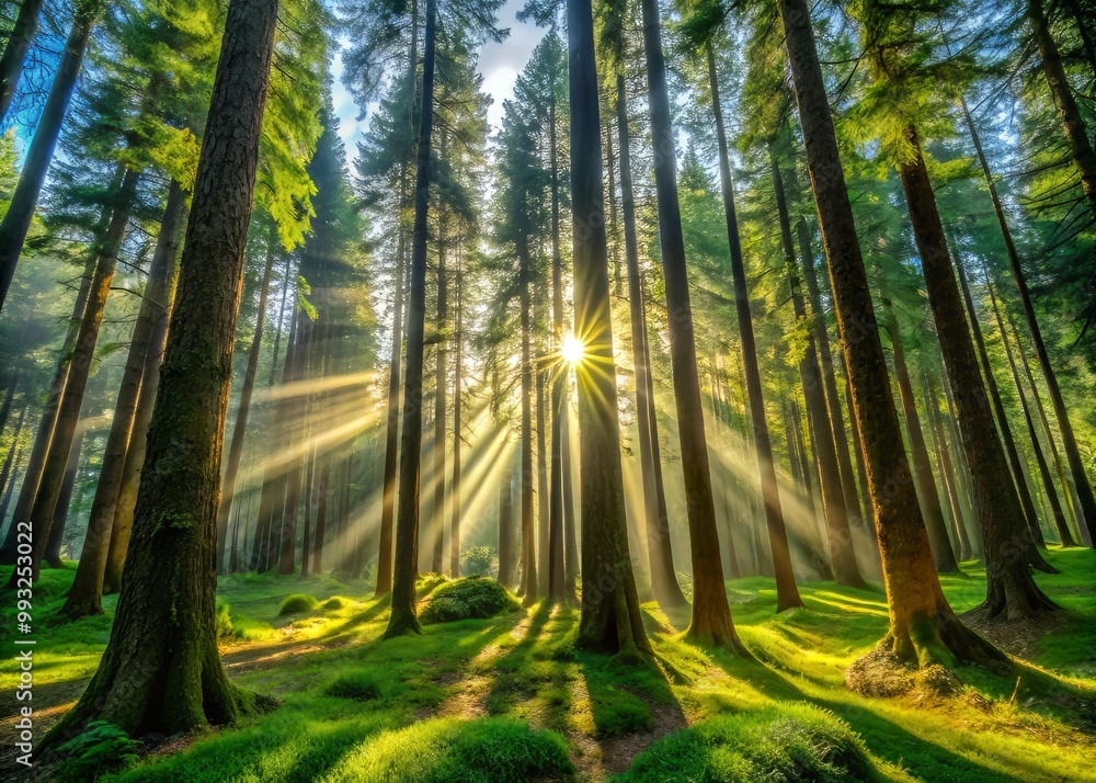 Obraz premium Rays of sunlight pierce the forest canopy, casting dramatic, elongated shadows of towering conifers, their dark silhouettes contrasting with the vibrant green understory.
