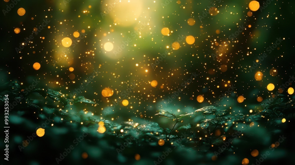 bokeh background of shimmering gold lights blending into a defocused emerald green canvas creating a dreamy and atmospheric effect perfect for celebrations or artistic displays