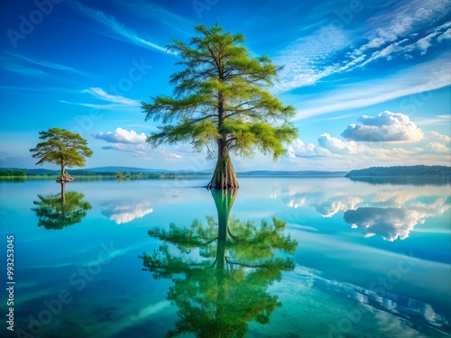 solitary towering cypress standing guard over still turquoise waters with mirrored reflections and serene morning calm