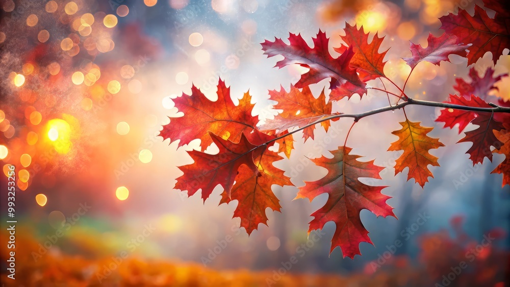 Ethereal bokeh effect emphasizing regal red oak leaves set against a muted soft focus background of autumnal hues and whispering fog. Ethereal bokeh effect emphasizing regal red oak leaves set against a muted soft focus background of autumnal hues and whispering fog.