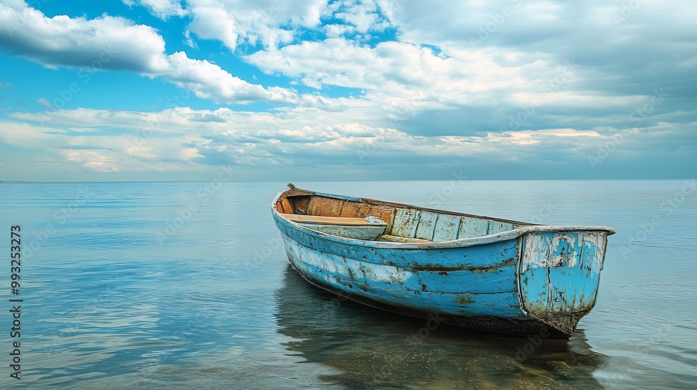 Weathered Fishing Boat Adrift on Tranquil Lake Under Cloudy Skies Weathered Fishing Boat Adrift on Tranquil Lake Under Cloudy Skies