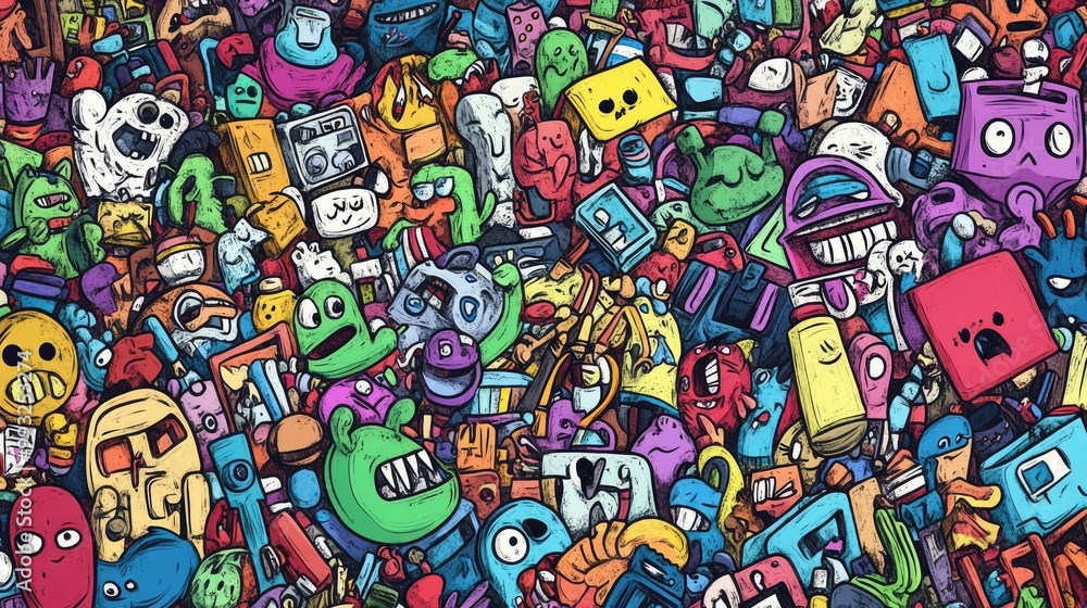 Fototapeta premium Cute Cartoon Characters and Colorful Cars in Doodle Style, pattern design
