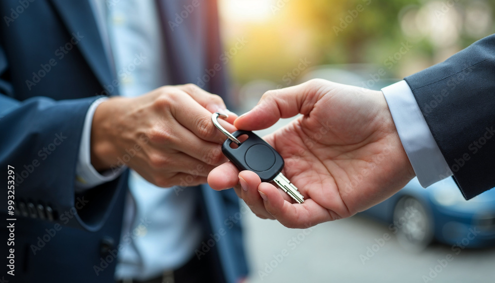 Fototapeta premium transportation rental automotive business concept. Close up hands of rental auto agent giving car remote key to client to travel sightseeing, Car sale concept 