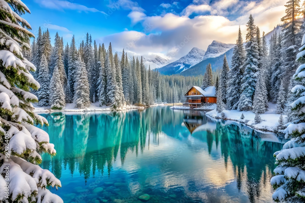 Fototapeta premium Vibrant turquoise lake water radiates warmth amidst frost-kissed forest of snow-covered pines surrounding secluded winter wonderland mountain retreat