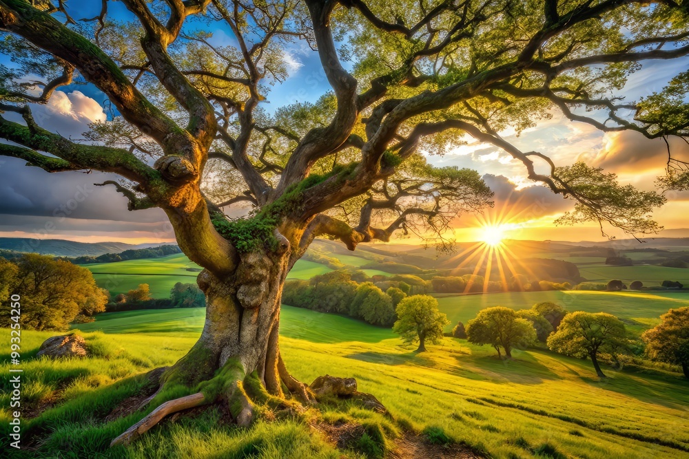 Sun-drenched afternoon capture of an old tree's intricate bark textures and gnarled branches contrasting with vibrant green countryside fields. Sun-drenched afternoon capture of an old tree's intricate bark textures and gnarled branches contrasting with vibrant green countryside fields.