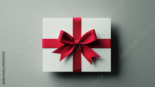 Blank white gift card with red ribbon bow isolated on grey background. Generative Ai