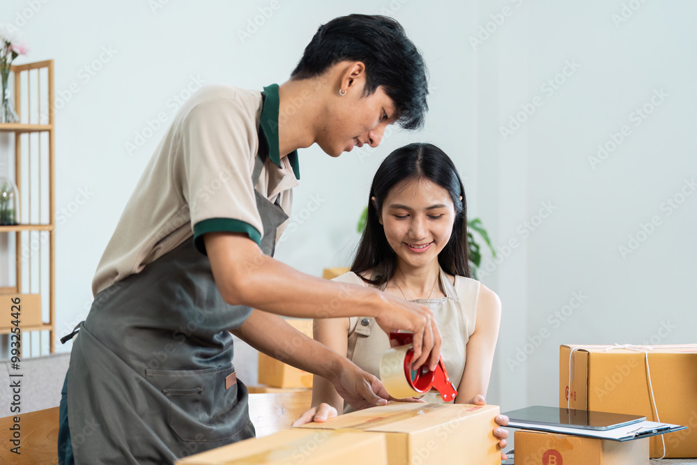Young Entrepreneurs Packing Boxes for Online Business in a Modern Home Office Setting Young Entrepreneurs Packing Boxes for Online Business in a Modern Home Office Setting