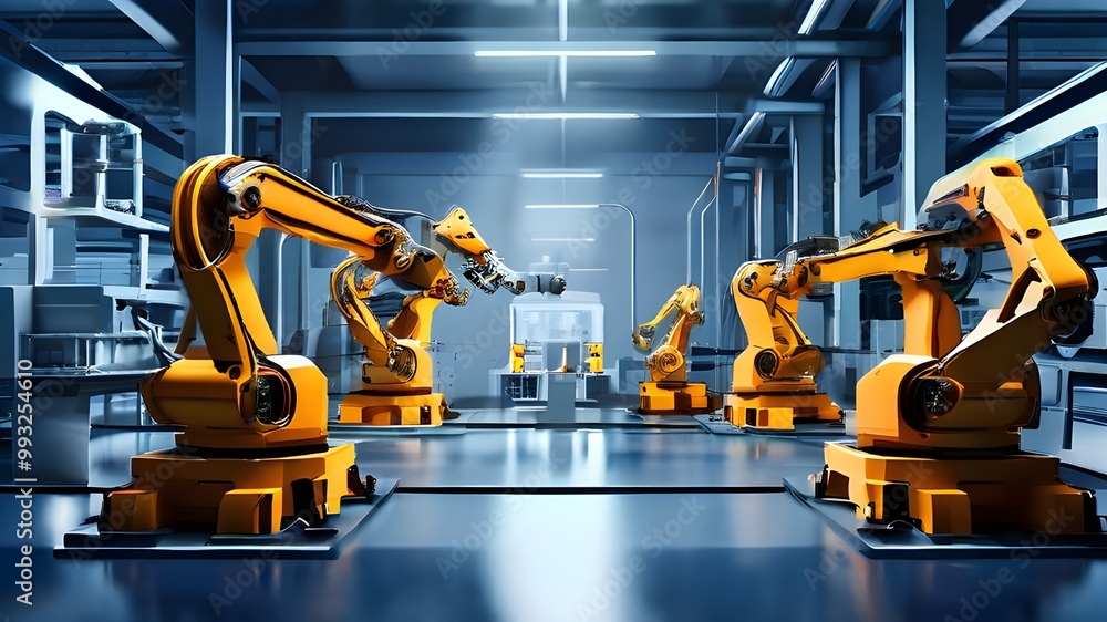 Factory robots working with machinery, factory robot Factory robots working with machinery, factory robot