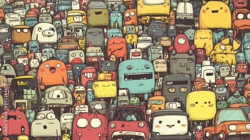 Cute Cartoon Characters and Colorful Cars in Doodle Style, pattern design