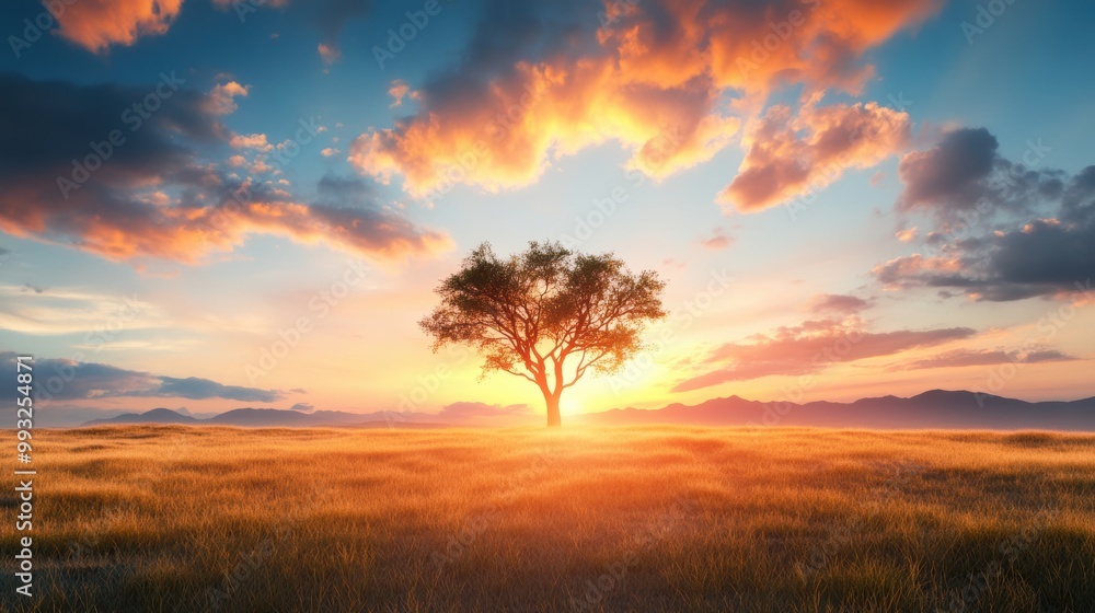 Fototapeta premium A sunset over a savanna landscape, representing the balance of light and darkness in a natural environment.