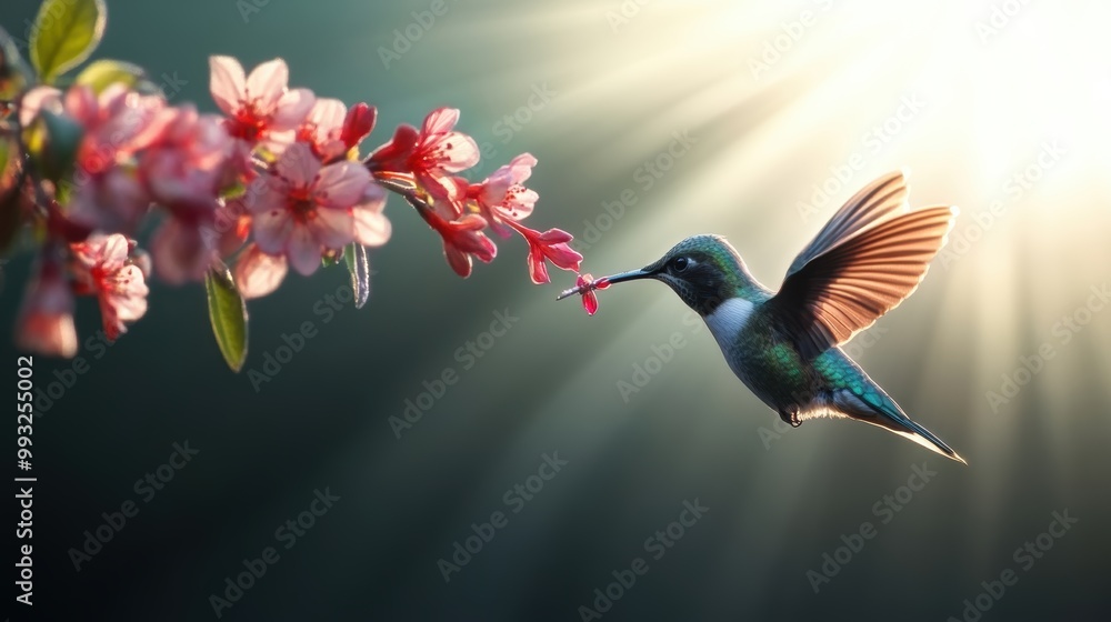 Fototapeta premium A hummingbird feeding on nectar from a delicate flower, its iridescent feathers shimmering in the sunlight.