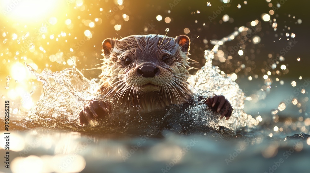 A playful otter frolicking in a river, its fur glistening in the sunlight. A playful otter frolicking in a river, its fur glistening in the sunlight.