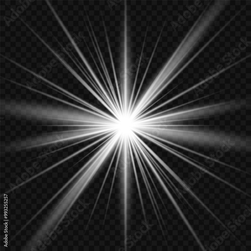 A twinkling white star on a light gray background. Sparkling and shining stars, bright flashes of lights with radiation. Vector EPS 10.