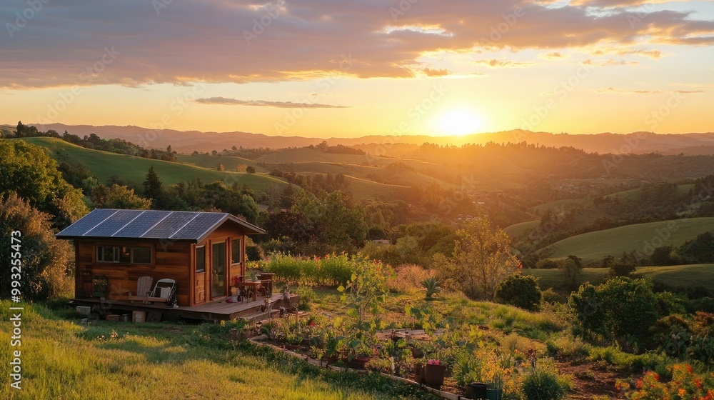 Scenic Sunset Over Rustic Cabin in Green Landscape Scenic Sunset Over Rustic Cabin in Green Landscape