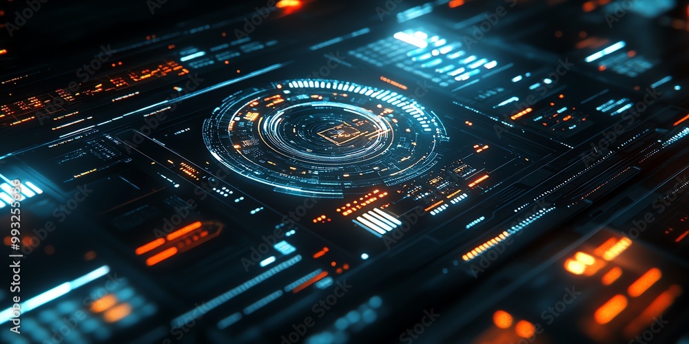 Abstract futuristic technology interface with glowing blue and orange lights, digital display with circular element in the center. Abstract futuristic technology interface with glowing blue and orange lights, digital display with circular element in the center.