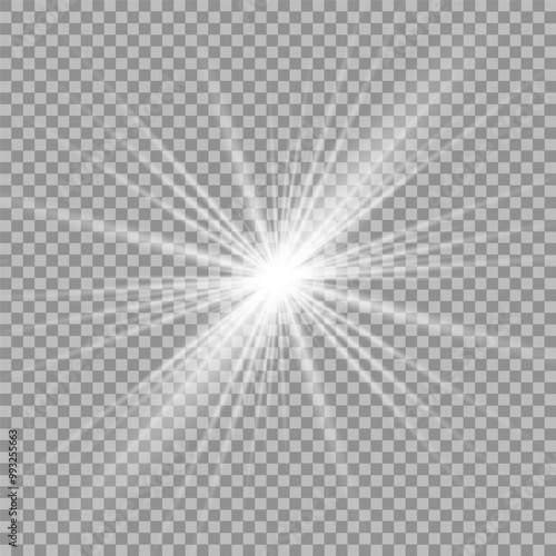 A twinkling white star on a light gray background. Sparkling and shining stars, bright flashes of lights with radiation. Vector EPS 10.