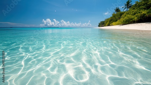 A pristine beach with clear blue water, highlighting the importance of protecting our natural environment.