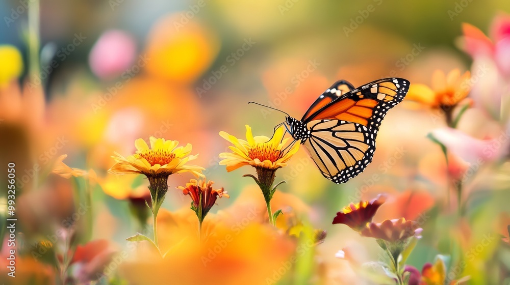 Obraz premium Vibrant Monarch Butterfly Feeding on Colorful Flowers in Blooming Spring Garden