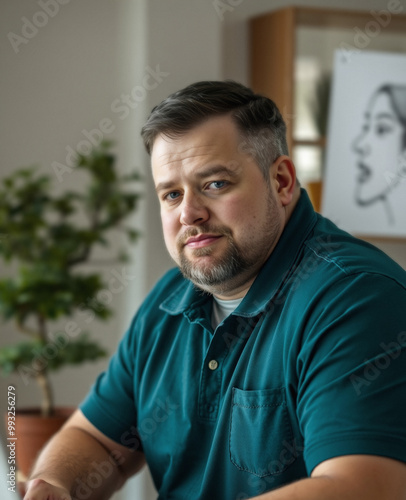 ambition in what you do, tunic and polo shirt, leadership at work, detailed blurry background at afternoon, teal