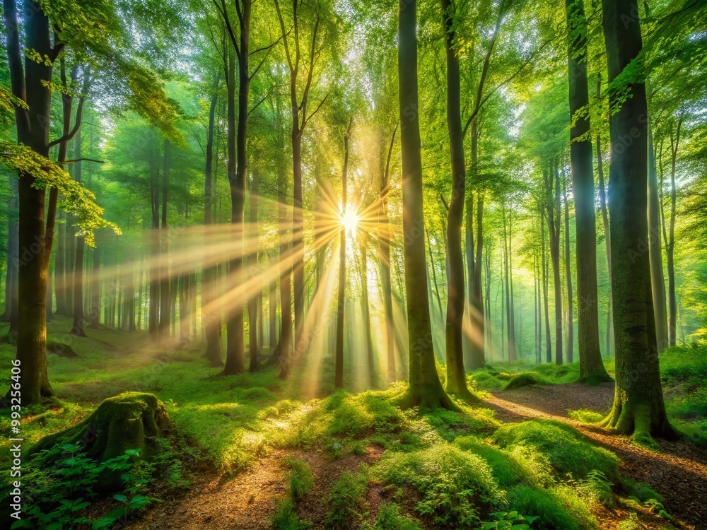 Fototapeta premium Ethereal Light Shafts Illuminating a Forest Scene with Sunbeams Filtering Through Dense Green Foliage