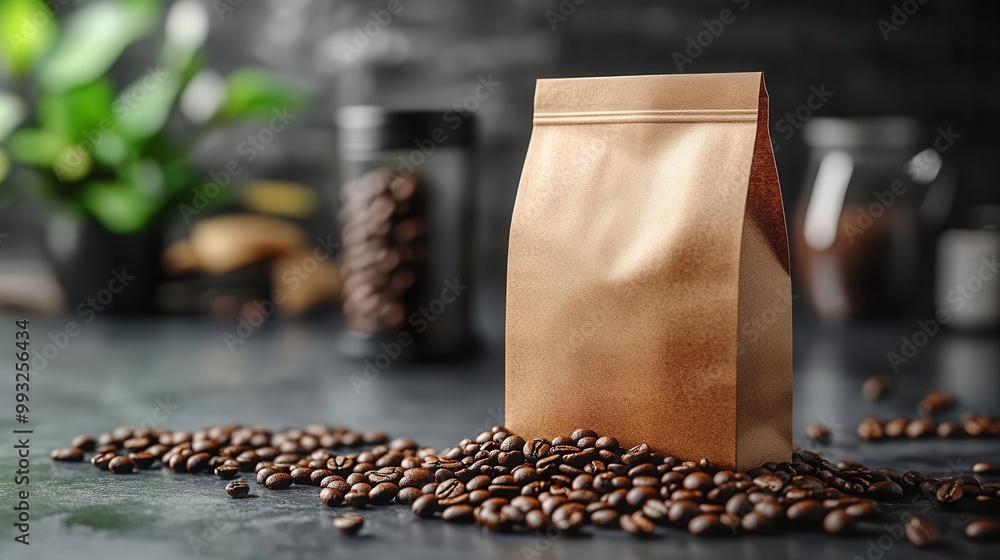 brown coffee bag mockup elegantly displayed with scattered coffee beans providing a polished look for marketing showcasing the rich aroma of fresh coffee