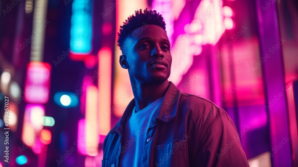 A young black man stands confidently beneath striking neon lights in a lively city, dressed in a contemporary outfit A young black man stands confidently beneath striking neon lights in a lively city, dressed in a contemporary outfit