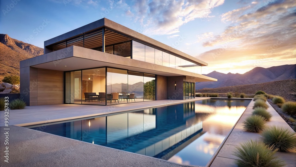 Fototapeta premium an lines and floor to ceiling windows situated in a picturesque desert landscape This architectural masterpiece features a large infinity pool providing a tranquil oasis amidst the arid surroundings