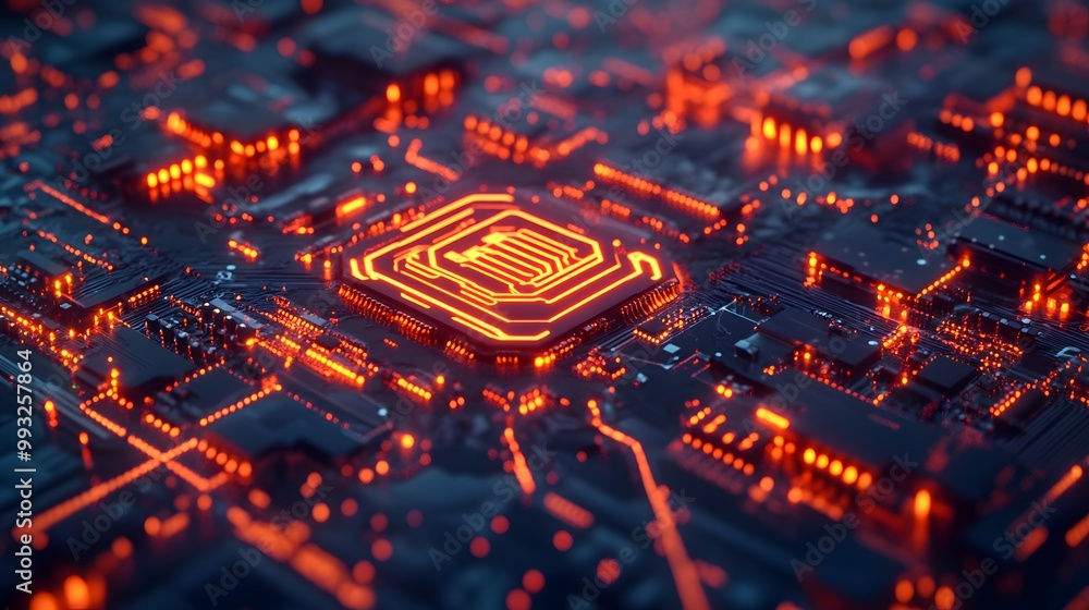 Glowing Red Circuit Board with a Central Processor Glowing Red Circuit Board with a Central Processor