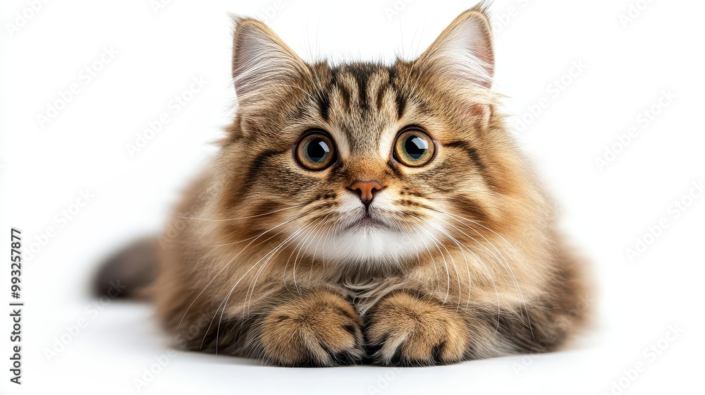 Fototapeta premium charming british cat with thick fur sitting gracefully against a pure white background showcasing its distinct features and captivating gaze emphasizing the essence of pet portraits