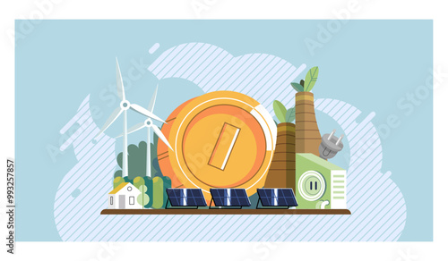 Clean energy concept. Renewable energy sources like solar panels, wind turbines, and biomass plant are surrounding a large eco-friendly energy icon. Ideal for sustainable energy, green technology