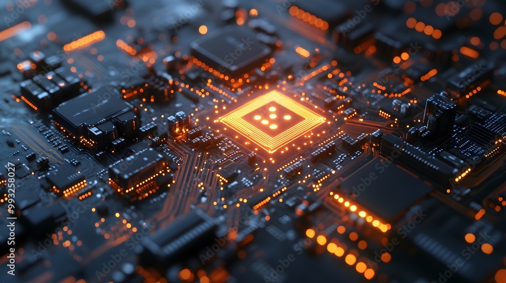 Illuminated Circuit Board with Glowing Central Processor Illuminated Circuit Board with Glowing Central Processor