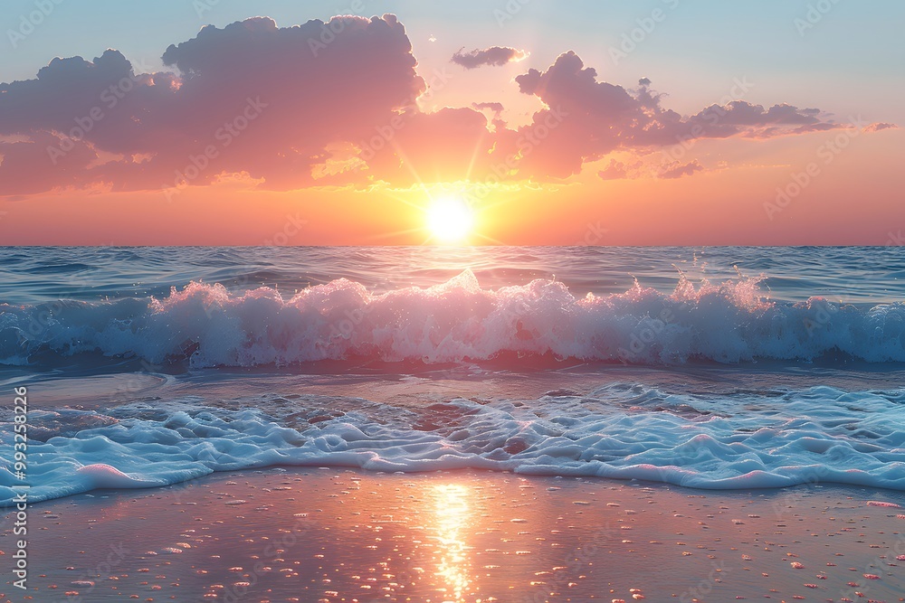 Serene Ocean Sunset with Crashing Waves, Perfect for Nature-Themed Wall Art or Stock Photography Serene Ocean Sunset with Crashing Waves, Perfect for Nature-Themed Wall Art or Stock Photography