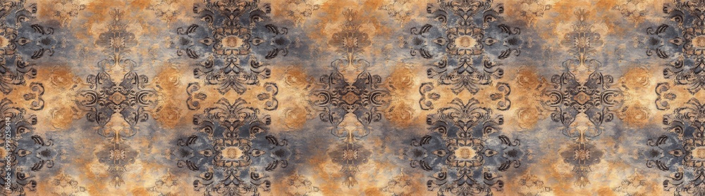 A banner of stone concrete cement wall texture background with old vintage worn shabby patchwork ornate motif tiles A banner of stone concrete cement wall texture background with old vintage worn shabby patchwork ornate motif tiles