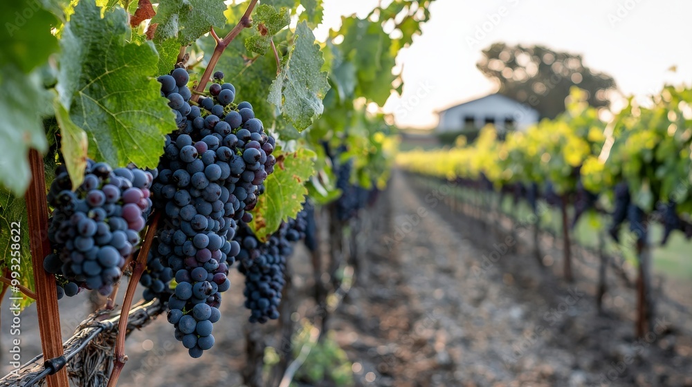 Naklejka premium A row of grapevines heavy with ripe grapes, stretching towards a distant farmhouse