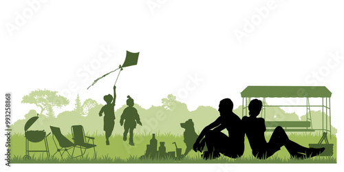 Family silhouettes. Father, mother and children had a picnic in nature. Vector illustration	
