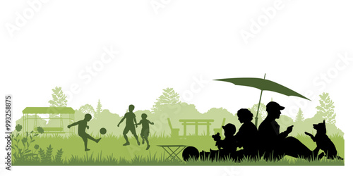 Family silhouettes. Father, mother and children had a picnic in nature. Vector illustration	
