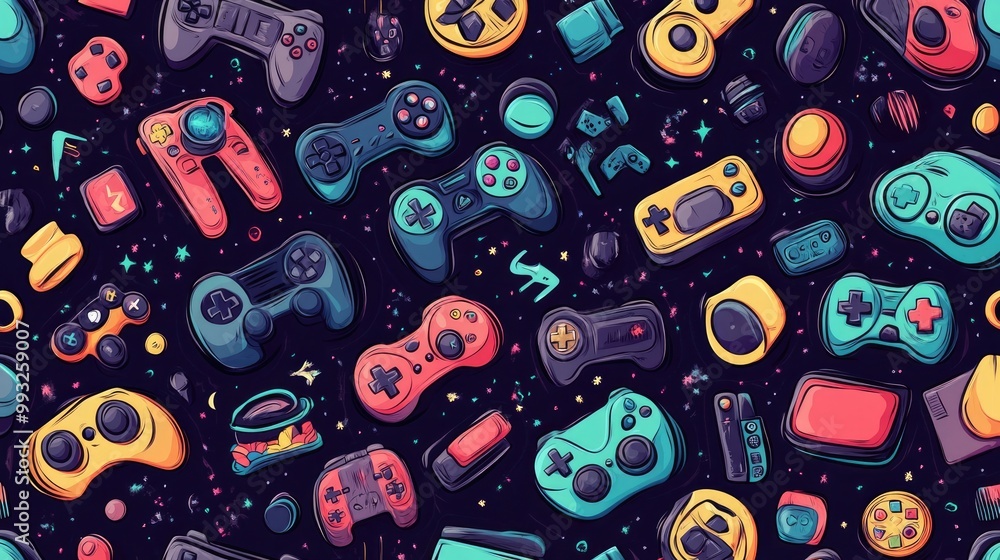 Naklejka premium Cartoon Vector Pattern Design with Game Controllers, Video Games, and Toys