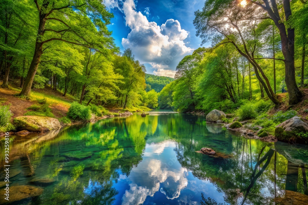 Idyllic secluded glen surrounded by lush verdant foliage in dappled shade with vibrant colors and whispy clouds reflected in still forest pool. Idyllic secluded glen surrounded by lush verdant foliage in dappled shade with vibrant colors and whispy clouds reflected in still forest pool.