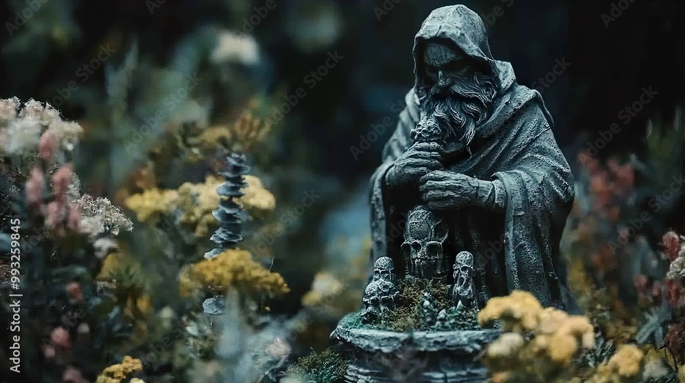 Stone Statue of a Mystical Figure in a Forest Setting Stone Statue of a Mystical Figure in a Forest Setting