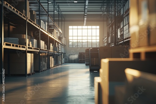 Sunlight Streaming Through Windows Illuminates a Spacious Warehouse Filled With Neatly Stacked Boxes and Shelves