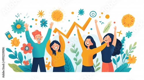 A group of digital vector characters pulling together to lift a rising financial graph line as they smile and cheer each other on Large space for text in center Stock Photo with copy space