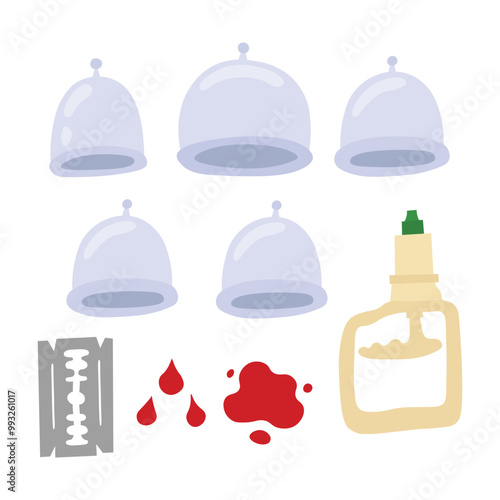 Illustration set of hijama items doodle flat style. Traditional cupping therapy concept