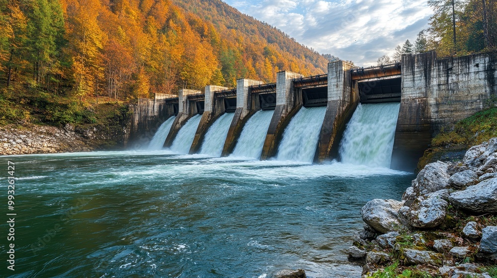 Stunning Autumn Landscape with Majestic Dam and Rushing Waterfalls