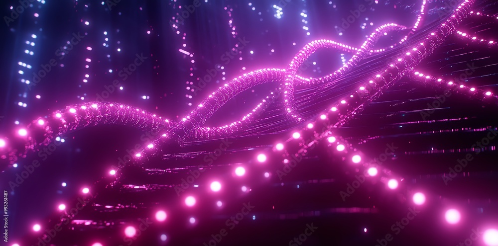 Obraz premium Abstract pink and blue neon lights in a dark background with glowing dots.
