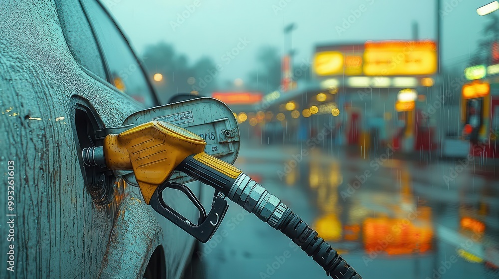 Naklejka premium closeup of a fuel pump nozzle at a gas station highlighting details and textures that speak to the everyday experience of refueling in a modern transportation landscape