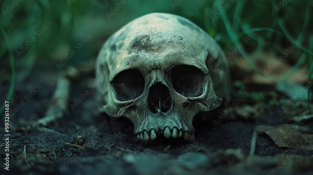 a skull is laying on the ground in the grass a skull is laying on the ground in the grass