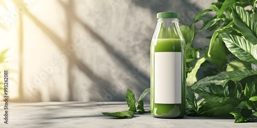 Glass bottle of refreshing smoothie made of spinach 