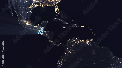 Realistic Digital Earth Night Orbit and Zoom Shining Country Flag Embedded in Borders Guatemala photo