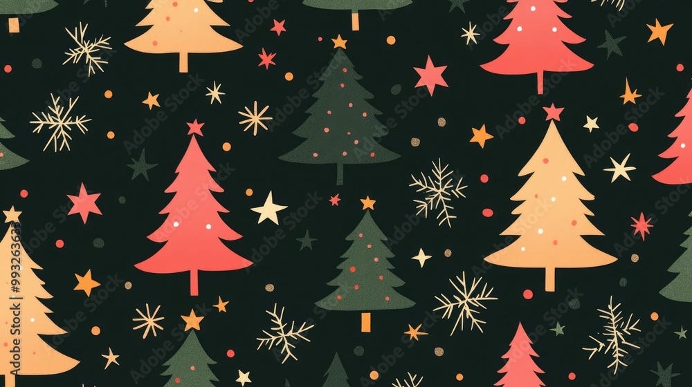 Obraz premium Christmas Tree Surrounded by Cute Kawaii Cartoon Characters, Colorful Monster Pattern Design